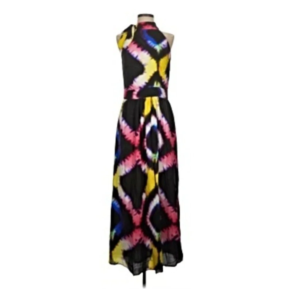 Busayo Collective Maxi Dress Womens 2 Multi Tie Dye Halter‎ Neck Bow Boho Summer